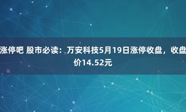 涨停吧 股市必读：万安科技5月19日涨停收盘，收盘价14.52元